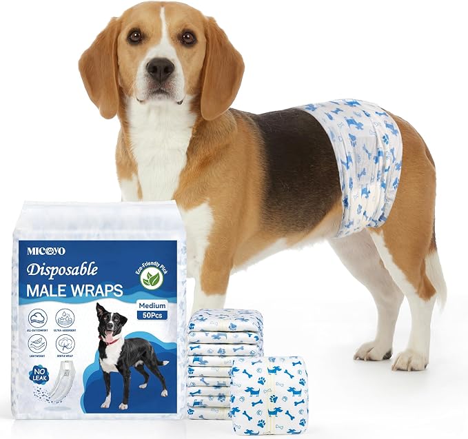 MICOOYO Dog Diapers Male Disposable Super Absorbent Male Dog Wraps Lighter Dogs Diaper Leakproof Puppy Diapers Doggie Diaper with Wetness Indicator (M, 50Counts)