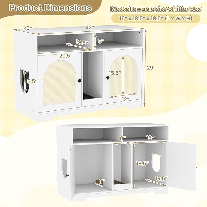 Tangkula Double Litter Box Enclosure, 43 Inch Hidden Litter Box Furniture with Shelves, Removable Scratching Board, 2 Sisal Mats, Large Enclosed Cat Box Enclosure for 2 Cats (White)