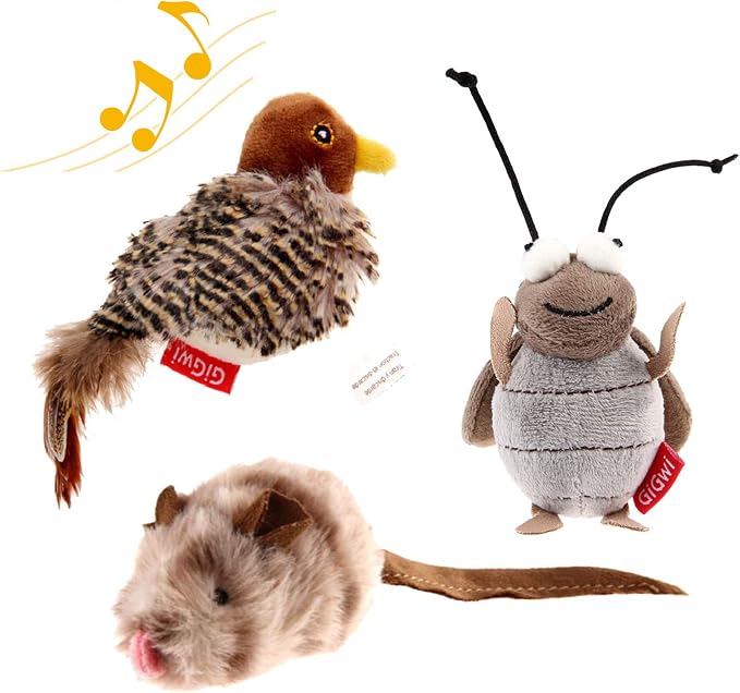 Gigwi Automatic Cat Toys Pack - Interactive Electronic Plush Toys with Bird/Cricket/Mouse Sounds for Indoor Cats to Play Alone and Squeak, 3 Pcs