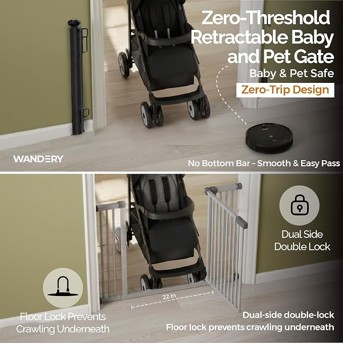 Retractable Baby Gate - 118" Extra Wide Mesh Dog Gate with Support Rods - 34" Tall for Stairs, Doorways, Hallways - Drill or No-Drill - Pet & Cat Gate - Outdoor/Indoor (Black, 9.84 ft)