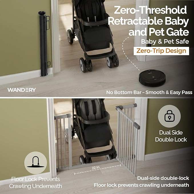 Retractable Baby Gate - 72" Wide Mesh Dog Gate with Support Rods - 34" Tall for Stairs, Doorways, Hallways - Drill or No-Drill - Pet & Cat Gate - Outdoor/Indoor (Black, 5.91 Feet)