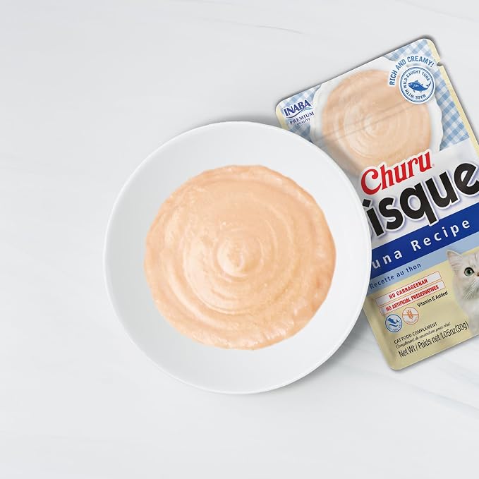 INABA Churu Bisque for Cats, Creamy Purée Side Dish Pouch, 1.05 oz Pouches, 15 Pouches Total, Chicken Variety
