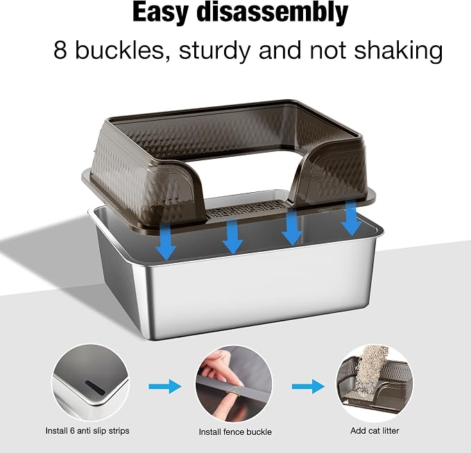 Suhaco XXXL Stainless Steel Litter Box with High Sided Deep Side Entry Deep Extra Large Metal Litter Box Included Mat & Scoop Anti-Urine Leakage Cat Litter Boxes for Big Cats (Black)