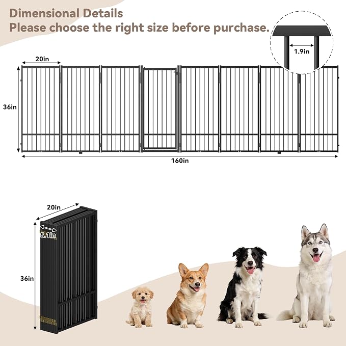 SNUOWU Full Metal Freestanding Dog Gate with Door, 36''Height Foldable Pet Dog Fence for Indoor & Outdoor, 8 Panels Extra Wide Free Standing TallDog Gates for Doorways,House,Stairs,Porch,Deck,Yard