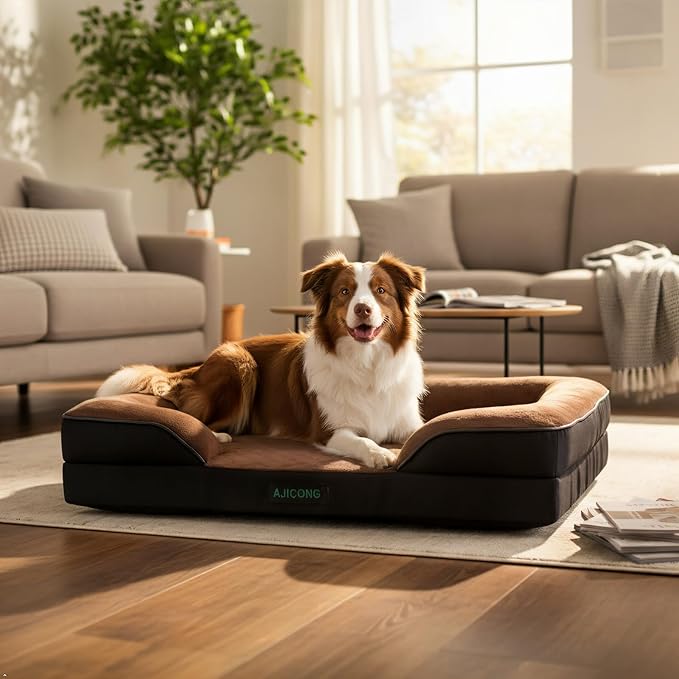Orthopedic Egg-Shaped Sponge Dog Beds Large Sized Dog with Sides, Removable Cover and Non-Slip Bottom (Brown, 35 * 25 * 8)