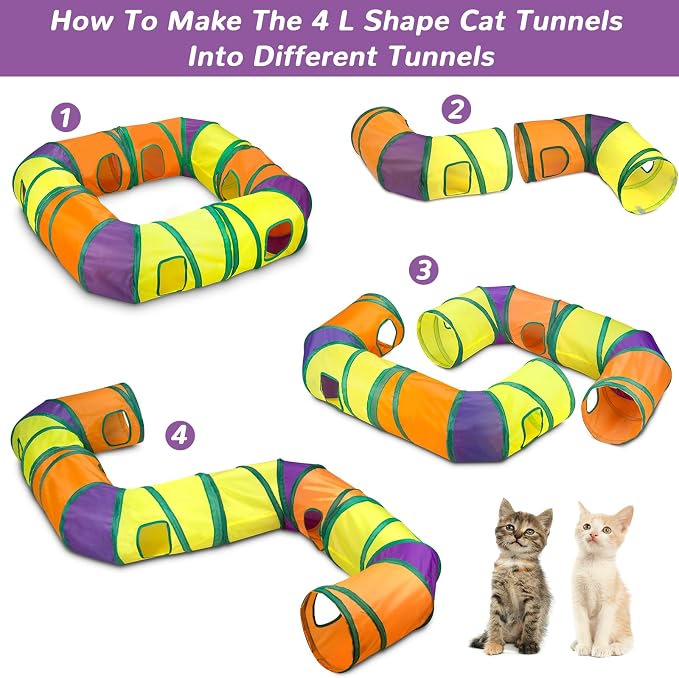 Retro Shaw Cat Toys Pack 25Pcs, Interactive Kitten Toys for Indoor Kittens Cats, Collapsible Kitty Play Tunnel Tent Feather Wand Balls Bell Springs Mouse Kitty Toys for All Breeds (4 Tunnel)