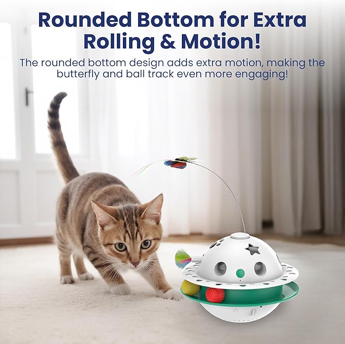 PAWSPIK Triple Chase 4-in-1 Interactive Cat Toy – Tumbling, Butterfly, Feather & Catnip Ball Play – Motion Activated, USB or Battery Powered