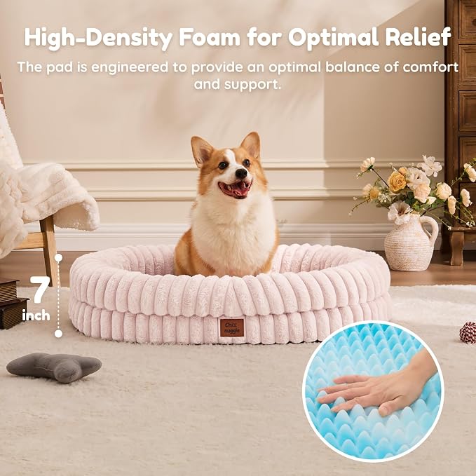 ChiXnuggle Orthopedic Dog Bed for Large Dogs, Waterproof Faux Rabbit Fur Dog Couch with Egg Crate Foam Support and Washable Removable Cover, Bolster Pet Sofa with Non-Slip Bottom, 35x28x7, Pink