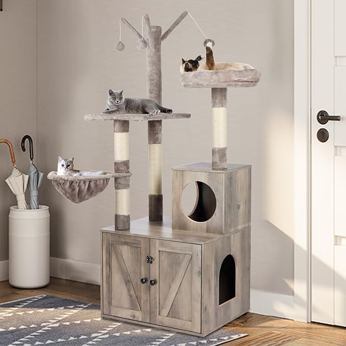 Timberer Litter Box Enclosure with Cat Tree, 2-in-1 Cat Tree Tower, Hidden Cat Litter Box Furniture with Scratching Post, Modern Cat Condo, Grey
