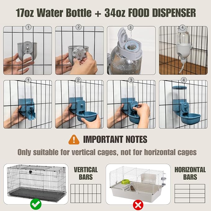 Automatic Pet Food Water Dispenser, Auto Gravity Pet Feeder Water Bottle Set for Crate Cage for Puppy Cat Rabbit Guinea Pigs Chinchilla Ferret Hedgehog (Grey)