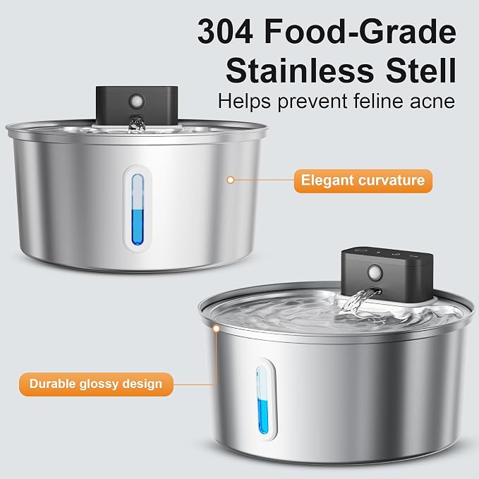 Casfuy PWL-008 Wireless Smart 3-Mode Stainless Steel Cat Water Fountain, 108-oz