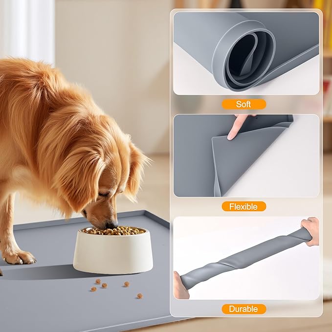 Finorder 23.6"x23.6" 100% Silicone Pet Feeding Mat, Higher Raised Edges and Slip Resistant Pet Food and Water Bowl Mat, Waterproof Pet Food Placemat Silicone Tray, Dishwasher Safe (Grey)