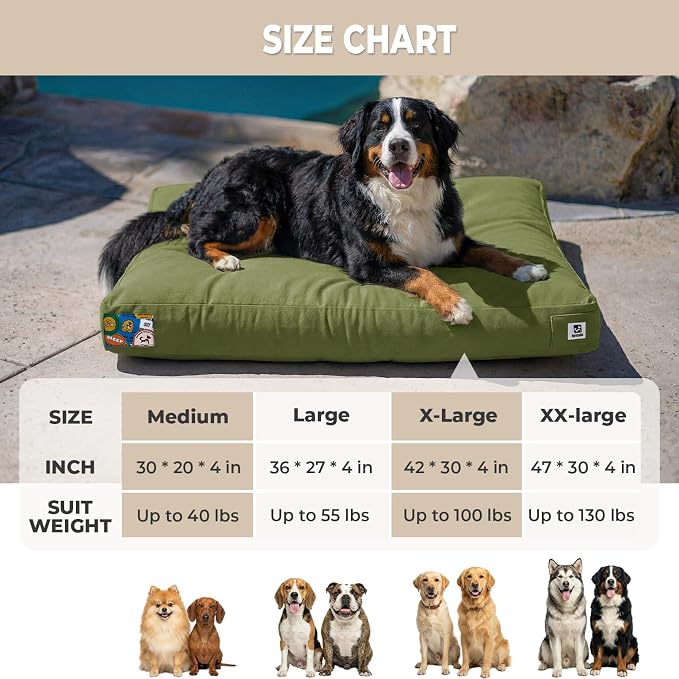 Sytopia 42 Inch Waterproof Indestructible Dog Bed for Extra Large Dogs, Canvas Outdoor Chew Proof Dog Crate Mat with Washable Removable Cover, Indoor Outdoor Patio Pet Pad, Green