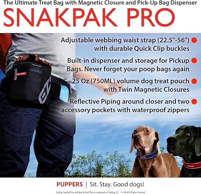 EzyDog SnakPak Pro Wearable Dog Treat Bag Waterproof Training Pouch with Magnetic Closure, Pick-Up Bag Dispenser, and Belt