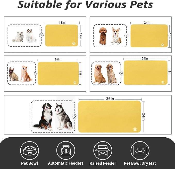 HotLive Dog Food Mat - Absorbent Cat Mat for Food and Water, No Stains Pet Feeding Bowl Mat, Easy to Clean Pet Placemats, Quick Dry Dog Water Dispenser Mat for Messy Drinkers | Paw Yellow 16"x 24"