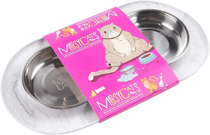 Messy Cats Double Silicone Feeder with Stainless Saucer Shaped Bowl | Anti-Slip Non-Skid Cat Food Bowls | Two Cat Bowls in Feeding/Water Station | 1.75 Cups per Bowl (Marble)