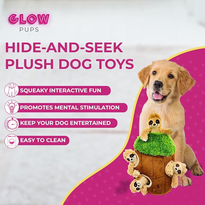 Glow Pups Hide and Seek Dog Toy, Sloth Dog Toy, Plush Squeaky Burrow Tree for Dogs, Interactive Puzzle for Mental Stimulation, Woodland Style, Medium Size, Set of 4
