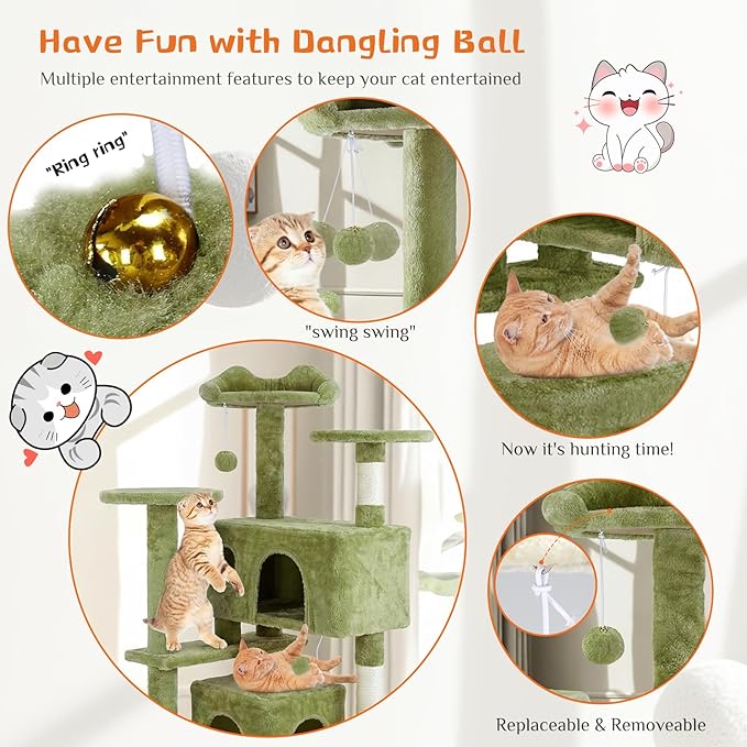 Cat Tree 54 Inch, Multi-Level Cat Tower with Condo, Perches, Sisal Scratching Posts and Climbing Ladder, Pet Play Toy Balls House for Indoor Cats, Green