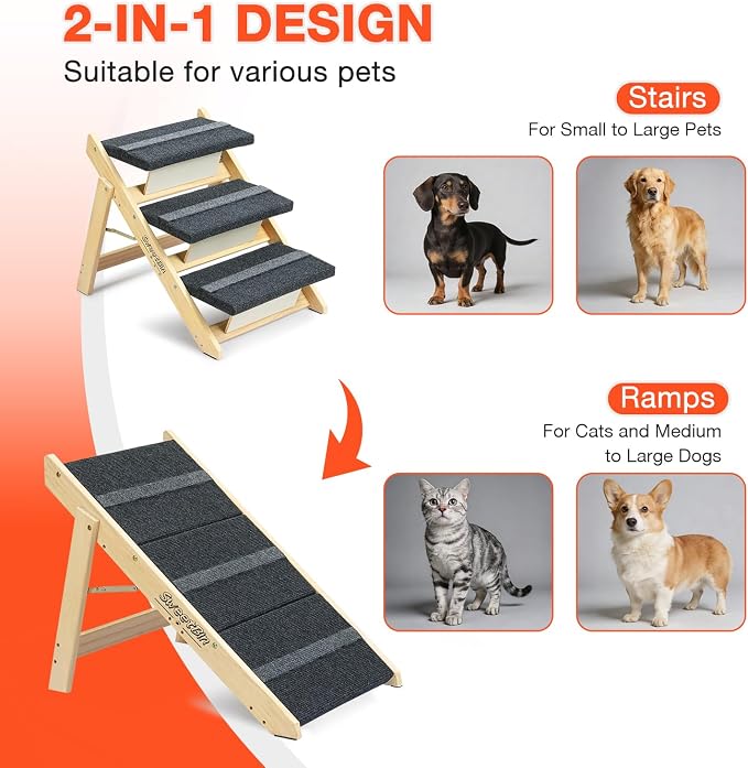 Wooden Dog Stairs& Dog Steps, 2-in-1 Foldable Dog Steps for Beds, Couch and Cars, Anti-Slip Pet Ramp with 3 Steps Indoor Pet Stairs for Small Medium Large Older Pet Cats up to 120lbs