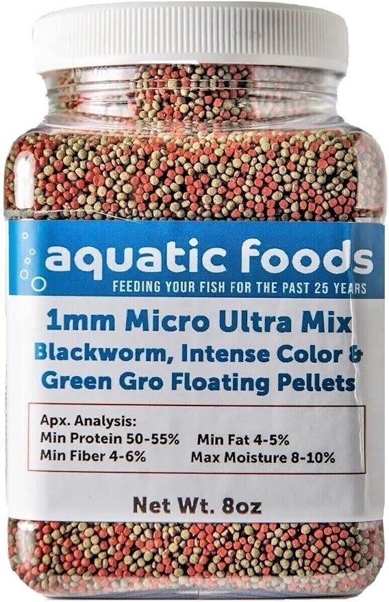 1mm Ultra Mix of Blackworm, Intense Red, Green Gro Floating Pellets for Discus, Cichlids, All Tropicals, Koi and Pond Fish…8oz Small Jar