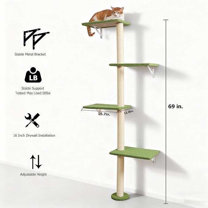 Cat Tree Wall Mounted,Tall Scratching Post for Indoor Cats Climbing Tower Activity Wood Cat Wall Furniture(Green)