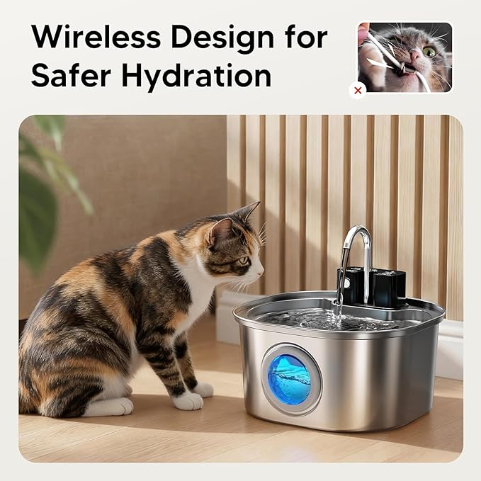 Voluas Stainless Steel Cat Water Fountain: 108oz/3.2L Wireless Cat Fountain Battery Operated for Drinking Indoor, Automatic Pet Water Dispenser Bowl with Ultra Quiet Pump, Easy Clean BPA-Free, 1Filter