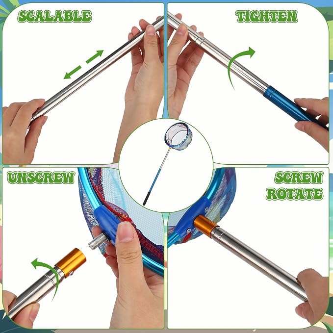 2 Pack Telescopic Kids Fishing Net with Handle, 2 Collapsible Bucket Sand Pail, Stainless Steel Foldable Fishing Net Small Fishing Butterfly Bug Net Beach Shovel with Storage Bag