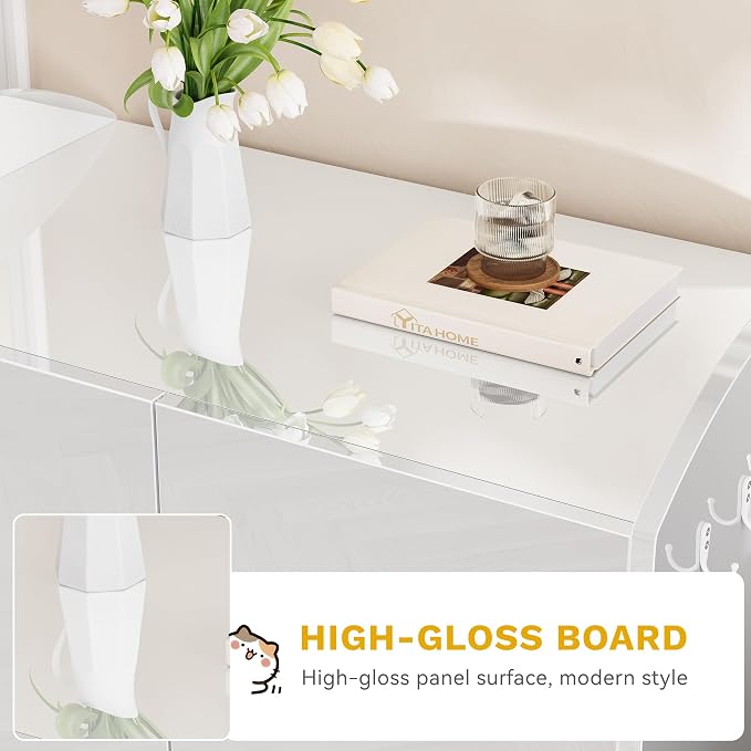 DWVO Large Hidden Litter Box Furniture with Hooks, Modern Cat Litters Box Enclosure for M/L/XL Litter Boxes, Wooden Secret Cat Cabinet, High-Gloss White