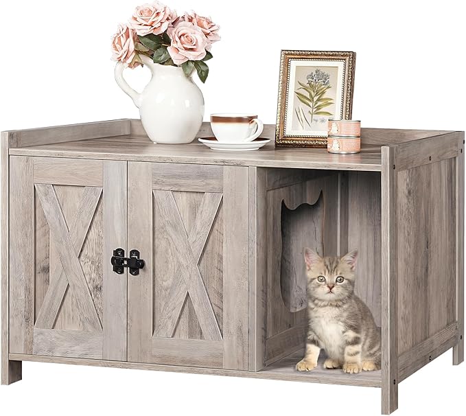 MAHANCRIS Cat Litter Box Enclosure, Hidden Litter Box Furniture with Divider, Indoor Cat House, Wooden Cat Washroom Storage Cabinet Bench, Side End Table Nightstand, Greige CWHG2501Z