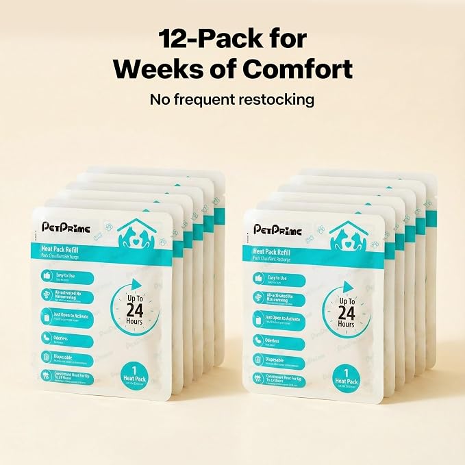 Pet Prime 12-Pack Disposable Heat Packs,24-Hour Odorless Warmth for Heartbeat Plush Toys,Soothing Comfort for Anxious Pets