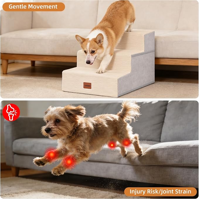 Dog Stairs for Small Dogs, 13.5" H, 3-Step Pet Steps for Bed Couch Sofa and Chair, Non-Slip Balanced Pet Ramp for Injured & Senior Pets with Washable Cover and Durable High Density Foam,Beige