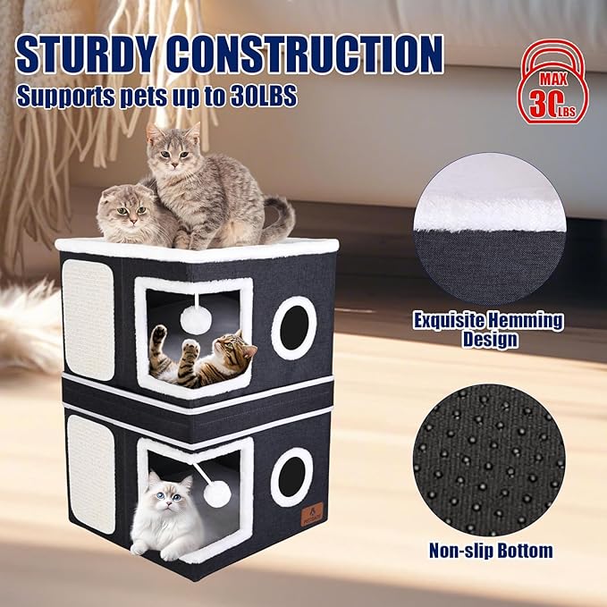 2-Story Cat House for Indoor Cats, Dual-Purpose Cat Cave Bed with Scratch Pad and Fluffy Ball, Foldable Cat Hideaway, Cute Cat Condo Furniture for Multi Small Pet Kitten, Dark Grey