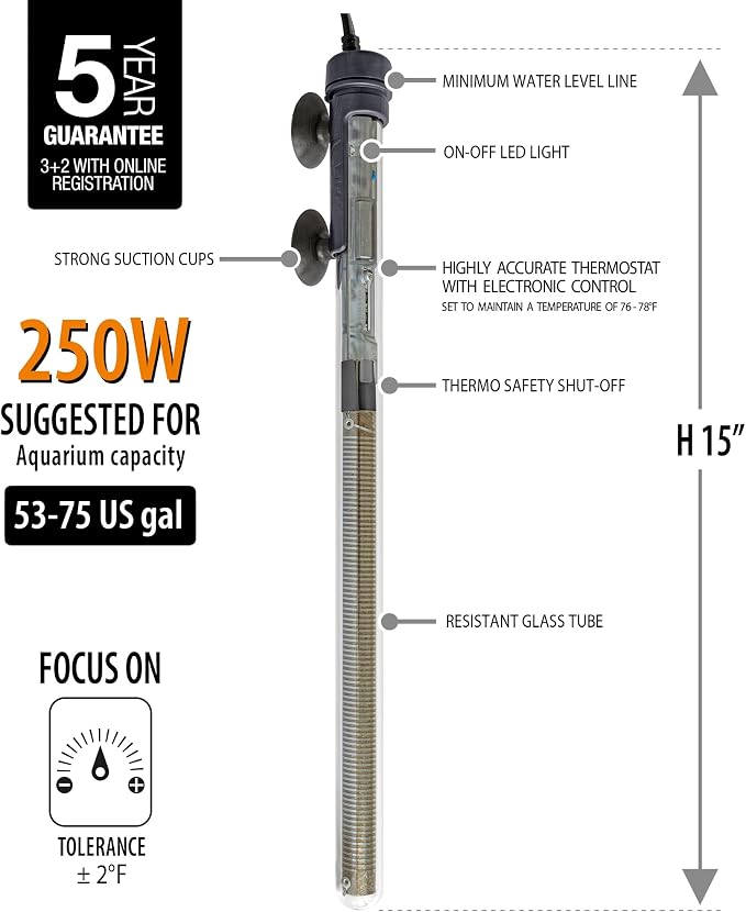 Sicce Scuba 250 Watt Aquarium Fish Tank Heater Preset at 77℉ for Up to 75 Gallons | 250W Submersible for Marine Saltwater and Freshwater | Run Dry Protection