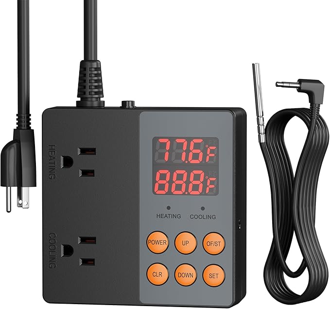BN-LINK Digital Temperature Controller Heating Cooling 2-Stage Outlet Thermostat Controller Plug for Reptiles Aquarium Carboy Homebrew Breeding Fermenter Seed Germination °C/°F -40-176°F 15A/1875W