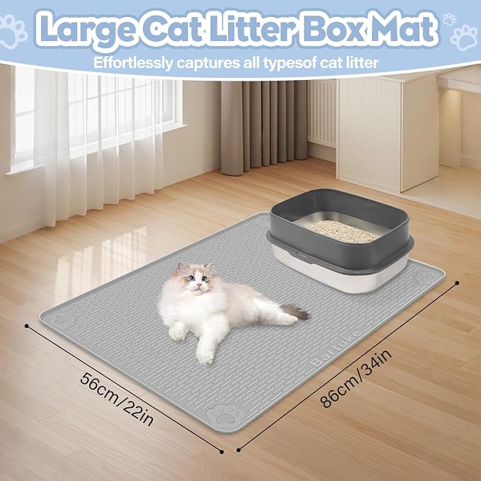 Kalolary Cat Litter Box Mats, Large 34" x 22" Silicone Cat Mat, Easy to Clean Kitty Litter Trapping Mat, Soft on Kitty Paws, Waterproof, Urine-Proof Kittys Litter Mats for Floor, Light Grey