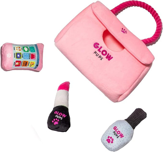 Glow Pups Dog Hide and Seek Purse Toy for Dog, Pink Purse Dog Toys Filled with Squeakers & Crinkle Material, Interactive Plush Lipstick, Dog Phone e & Nail Polish Toys for Small Dogs - Pink/Fuchsia