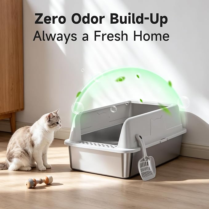 Stainless Steel XL Cat Litter Box for Cats, High-Sided Design Prevents Urine Leakage, Non-Stick, Easy to Clean, Includes Scoop, Gray