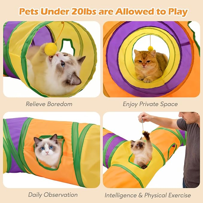 Petizer Portable Cat Tunnels for Indoor Cats, Pop Up Tear-Resistant Cat Tube, Waterproof & Washable Play Tunnels for Cats, Kittens, Kitty, Puppy, Rabbit (Rainbow Color)