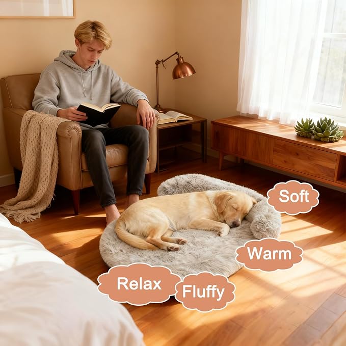 Orthopedic Dog Bed with Egg-Crate Base, Calming Dog Beds Fluffy Plush Faux Fur with Raised Edges, Spine Friendly Pet Sleeping Mat for Medium Large Dogs, Easy Wash (Oval, Marble Grey 32"x24")