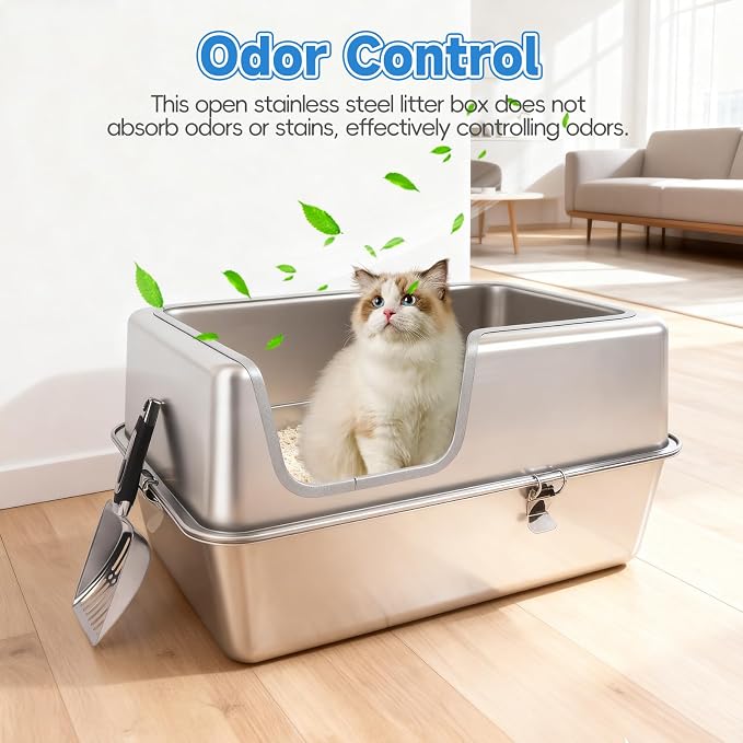 Stainless Steel Cat Litter Box, 23.6" L x 15.7" W x 11.8" H XXL Extra Large Semi Enclosed Removable Metal Litter Tray with High Sided Enclosure, Scoop, Non-Sticky, Easy Cleaning
