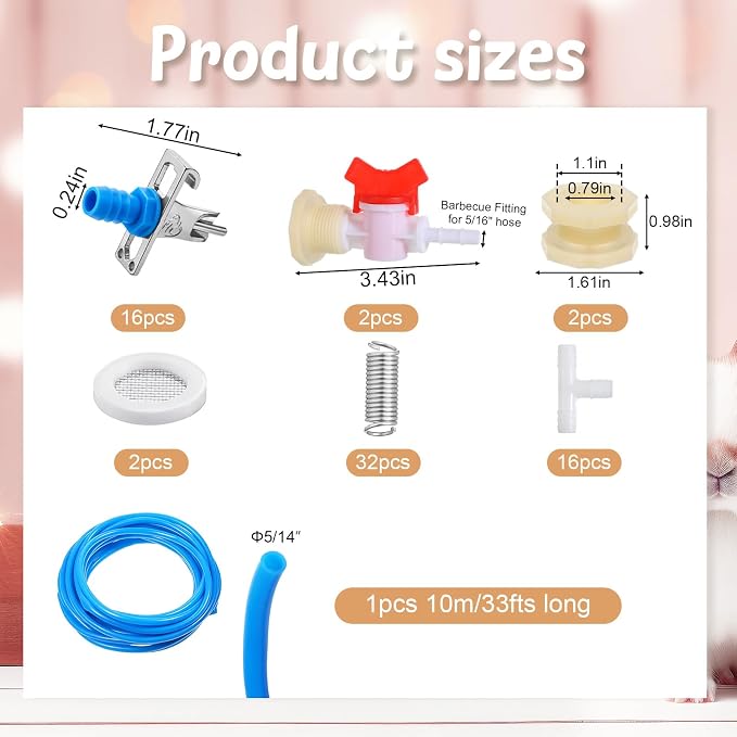 Automatic Rabbit Watering System Kit Include 16 Pcs Nipple Drinkers, 5/16" Hose, Barb Fittings to G1/2" Thread Connectors, T-Fittings, Springs, and Gaskets
