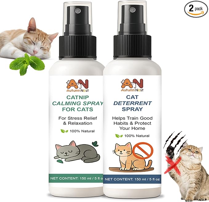 Cat Spray 2-Pack Furniture Saver Kit – 150ml Cat Deterrent Spray + Calming Catnip Spray – Anti-Scratch Training & Stress Relief Solution for Indoor Cats & Kittens