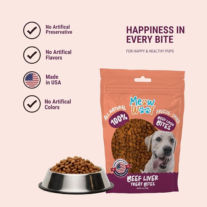 Meow Woof Freeze Dried Beef Liver Dog Treats, Single Ingredient, High Protein Natural Dog Treats, Grain Free Training Treats for Dogs & Puppies, Freeze Dried Liver Treats, 113g