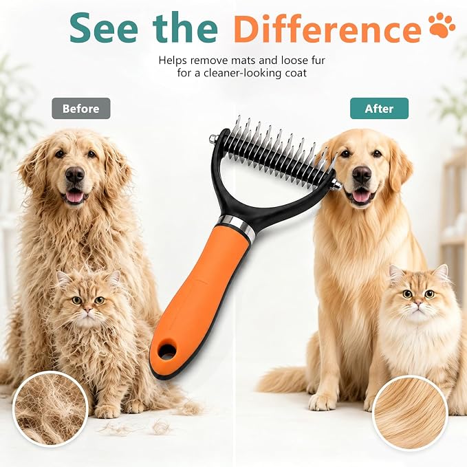 Dog Brush and Cat Deshedding Rake, Pet Grooming Tool for Shedding with Rounded Stainless Steel Teeth, Comfortable Grip for Long or Thick Coats (Green)