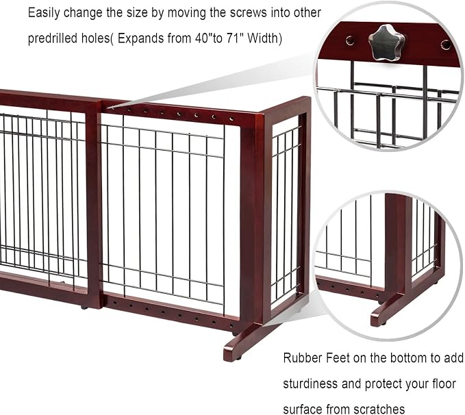 VINGLI Dog Gate for Stairs Free Standing Pet Gate for Driveway, Solid Wood Puppy Doggie Gates for Indoors Adjustable from 40" to 71" Wide