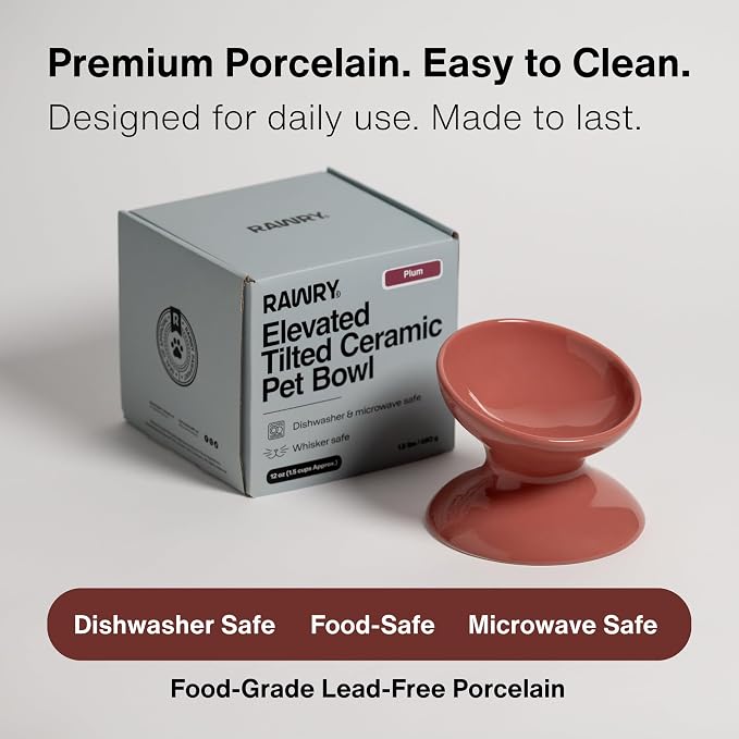 RAWRY Raised Ceramic Cat Bowl, Elevated Tilted Cat Bowl, Wide Shallow Cat Dish, Whisker Fatigue Cat Bowl, Dishwasher & Microwave Safe for Wet or Dry Food, Cats & Small Dogs, 12 oz (Plum)
