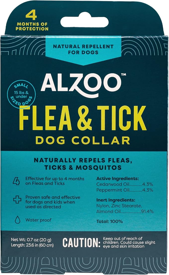 ALZOO Plant-Based Flea & Tick Dog Collar for Small-Sized Dogs: 15 lbs & Under, Helps Repel Fleas, Ticks & Mosquitoes, Waterproof, Up to 4 Months Protection, Cedarwood & Peppermint Oils, Single