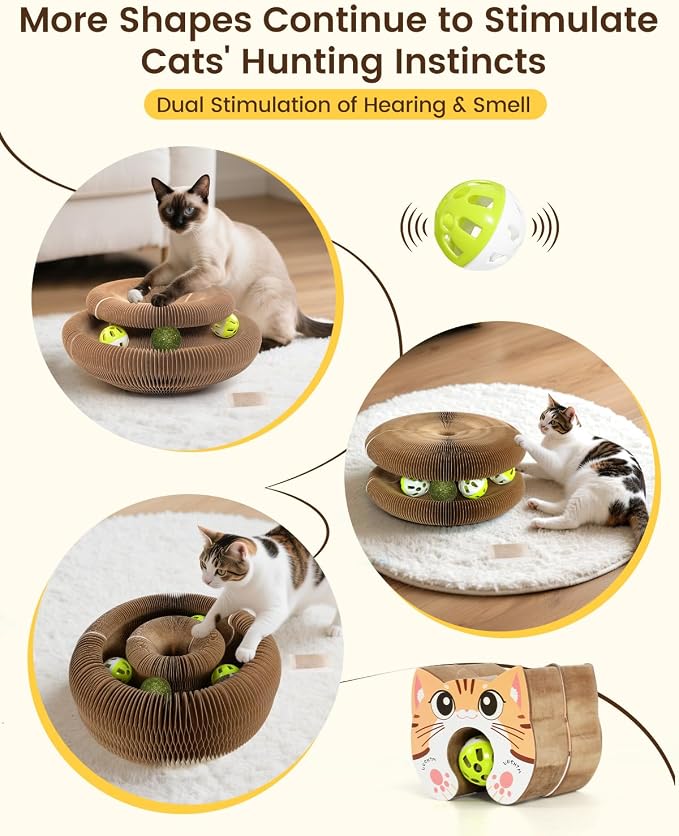 Upgraded-Magnetic Magic Organ Cardboard Cat Scratching Toy for Indoor Cats Flip with Fun, (Gray-1PCS & Orange-2PCS), 3PCS