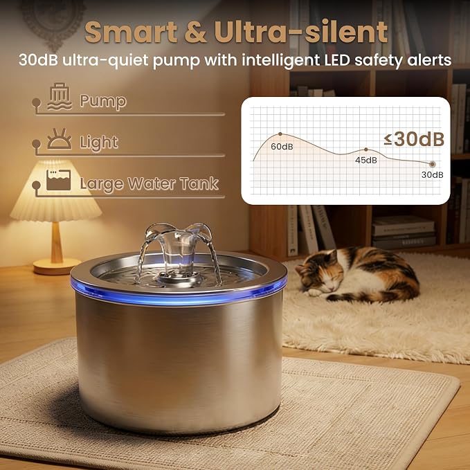 Cat Water Fountain Stainless Steel, 74oz/2.2L Automatic Pet Fountain with 3 Replacement Filters, Ultra Quiet Water Dispenser for Cats Indoor, LED Monitoring Water Level, Easy Clean