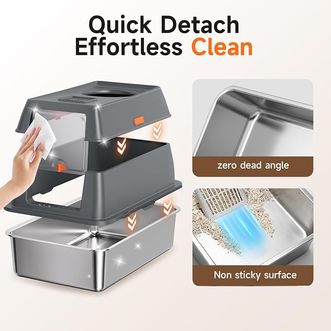 Extra Large Stainless Steel Litter Box with Lid, High Sided Enclosed Metal Cat Litter Pan, Dog Proof Front Entry Top Exit, Odor Control Easy Clean Leak Proof, Includes Scoop & Step, Grey